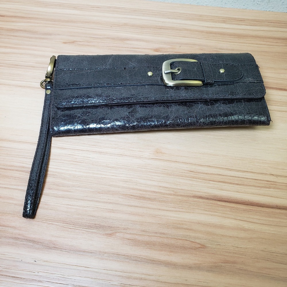 Vintage Big Buckle Clutch Wristlet Wallet Dark Brown Crackle Textured Retro 90's